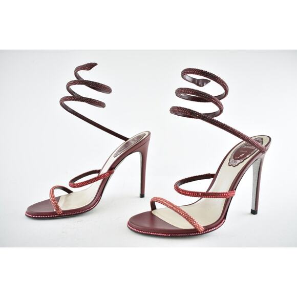Rene Caovilla Cleo Bordeaux Red Strass Strappy Ankle Wrap Sandal Heel Pump 36.5 - Picture 10 of 12